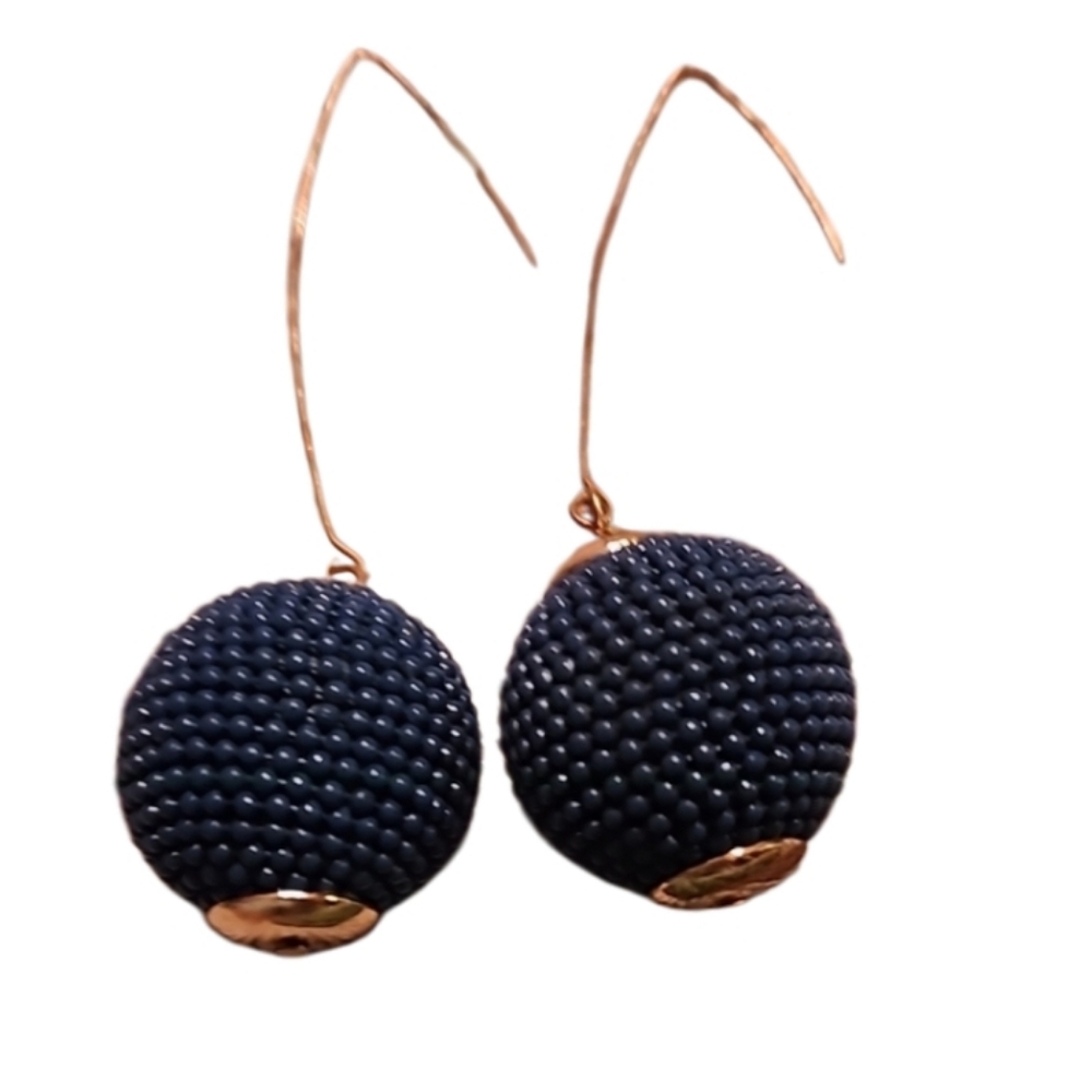 Vintage New seed bead blue ball drop earrings goldtoned